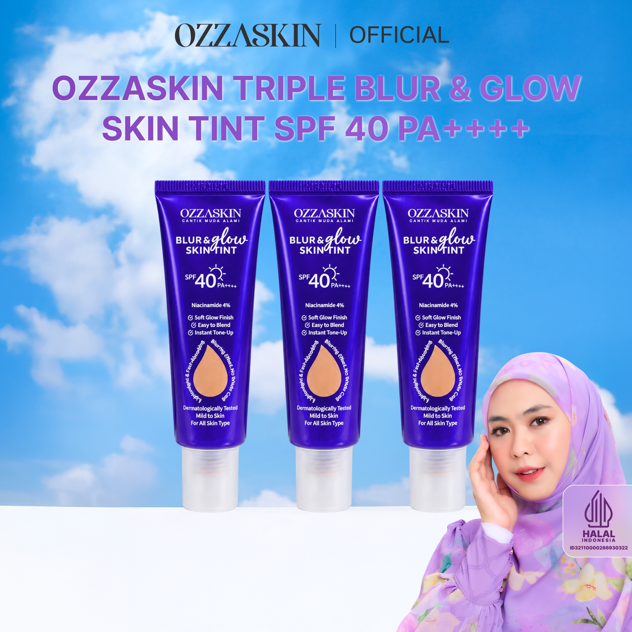 Ozzaskin Blur & Glow Skin Tint SPF 40 PA++++ 30g By Oki Setiana Dewi Halal BPOM Niacinamide 4% Membantu Mencerahkan, Meratakan Tampilan Warna Kulit, Memberikan Soft Glow, Blurring, Instant Tone-Up, Light Coverage & Perlindungan UVA UVB