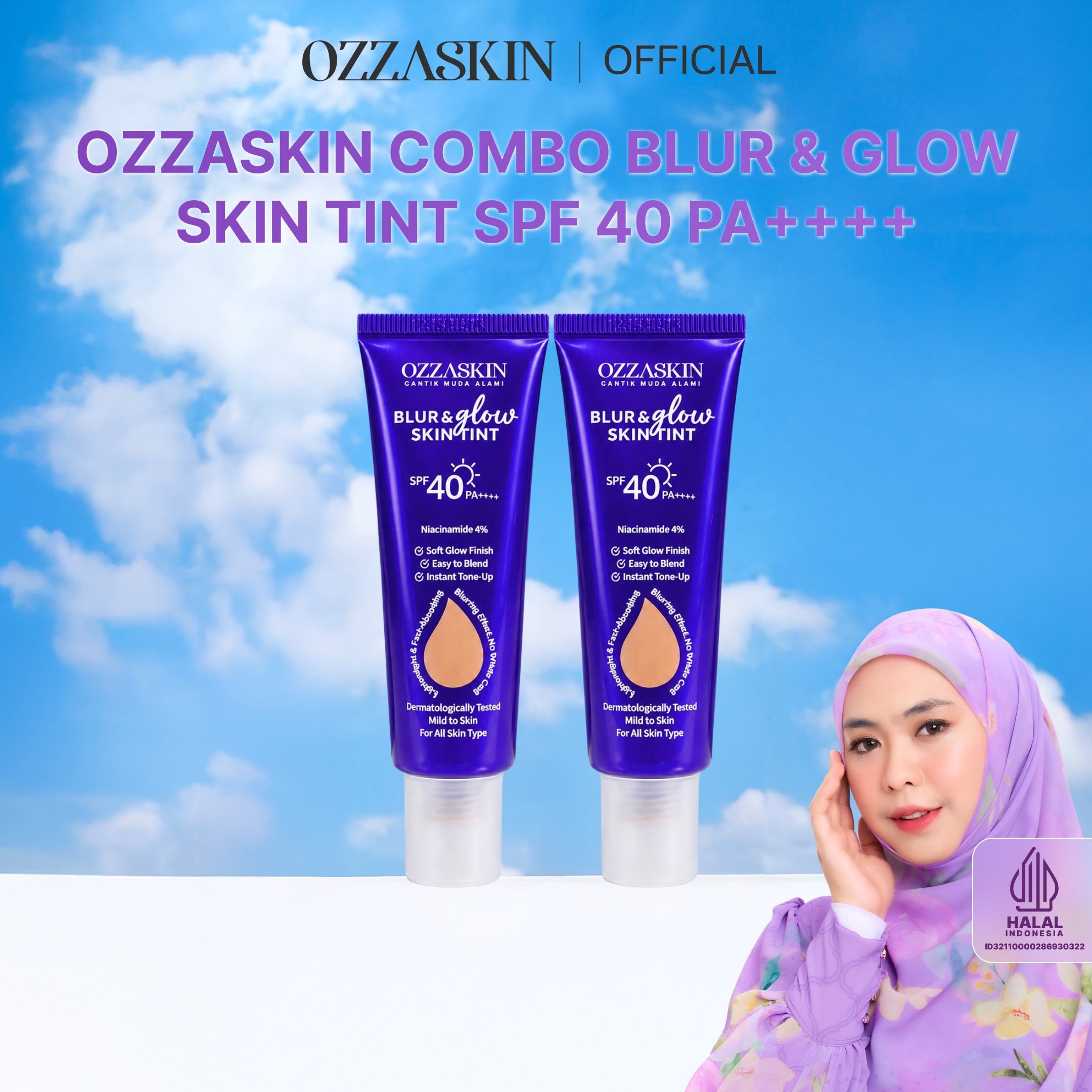 Ozzaskin Blur & Glow Skin Tint SPF 40 PA++++ 30g By Oki Setiana Dewi Halal BPOM Niacinamide 4% Membantu Mencerahkan, Meratakan Tampilan Warna Kulit, Memberikan Soft Glow, Blurring, Instant Tone-Up, Light Coverage & Perlindungan UVA UVB